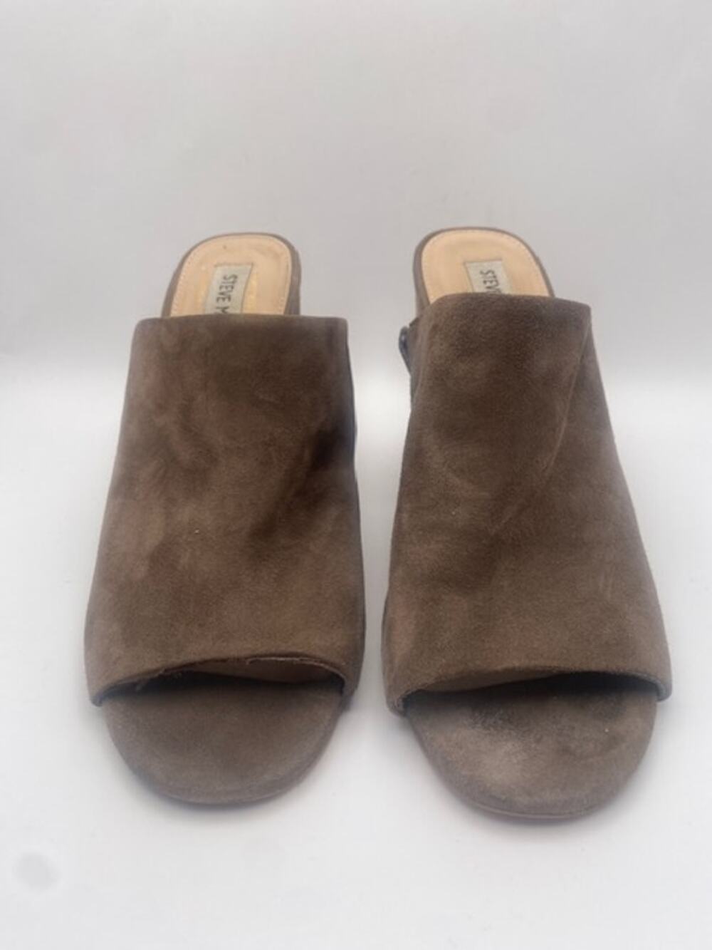 Steve Madden Brown Suede Peep Toe Mule Block Heel Slip On Shoes Womens